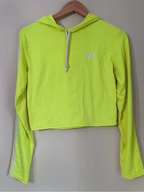 Nike Sportswear Hoodie Volt Neon Yellow White Racing Stripe Cropped Size Med